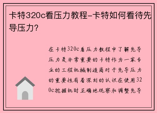 卡特320c看压力教程-卡特如何看待先导压力？